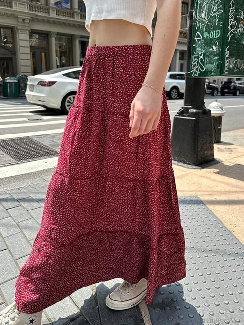 Ruffled Floral Red High Waist A-Line Skirt Red / One Size skirt-250126