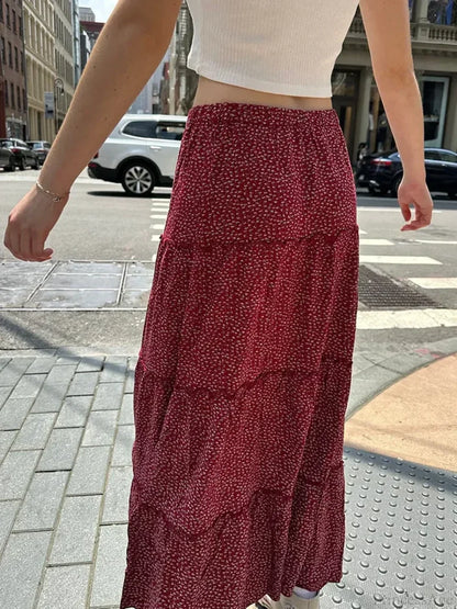 Ruffled Floral Red High Waist A-Line Skirt Red / One Size skirt-250126