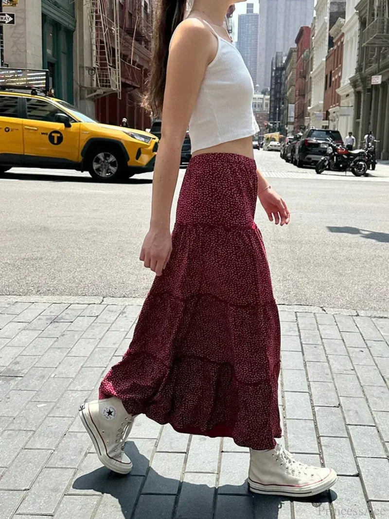 Ruffled Floral Red High Waist A-Line Skirt Red / One Size skirt-250126