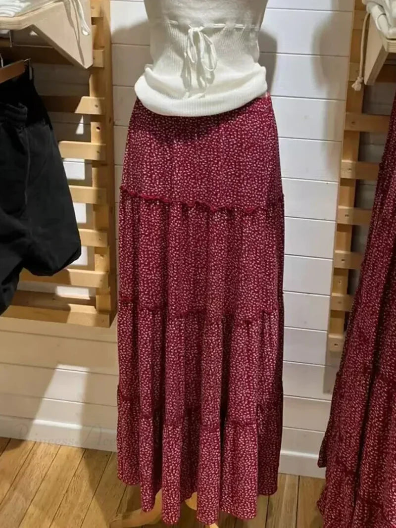 Ruffled Floral Red High Waist A-Line Skirt Red / One Size skirt-250126