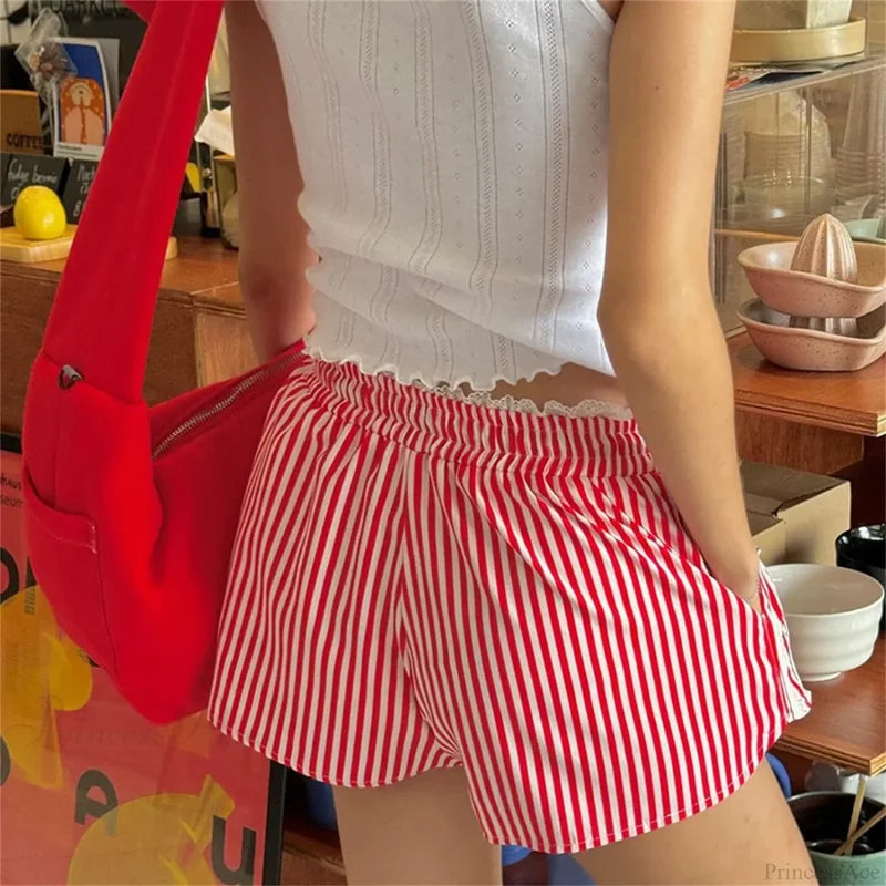 Ruffled Lace Trim Striped Short short-250223