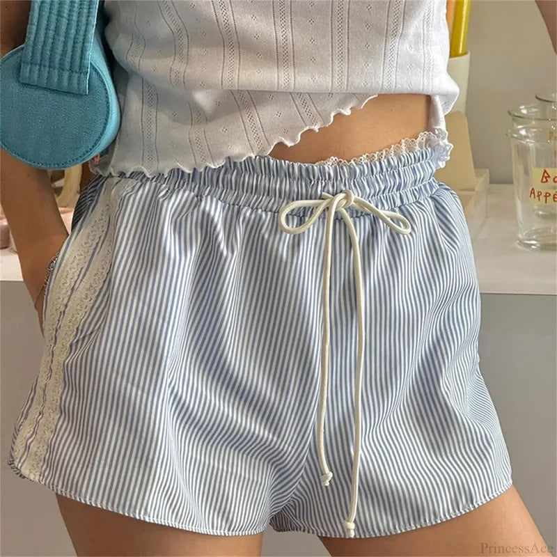 Ruffled Lace Trim Striped Short short-250223