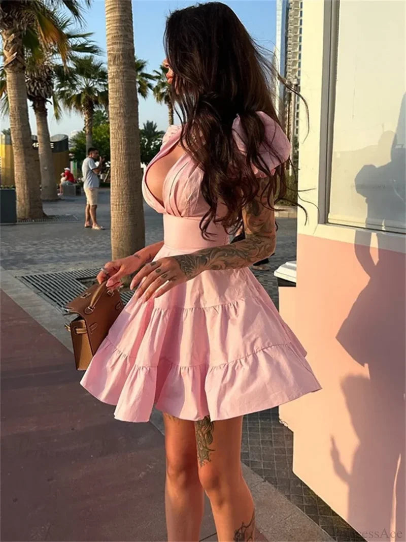 Ruffled Lace-Up Slim Mini Dress minidress-250223