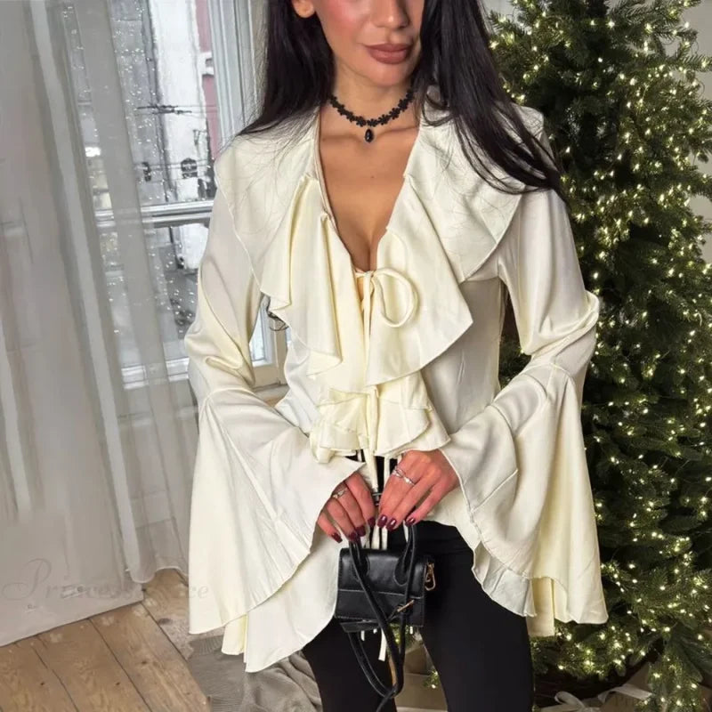 Ruffled Lace-Up V-neck Casual Long Sleeve Blouse WHITE / S blouse-250126