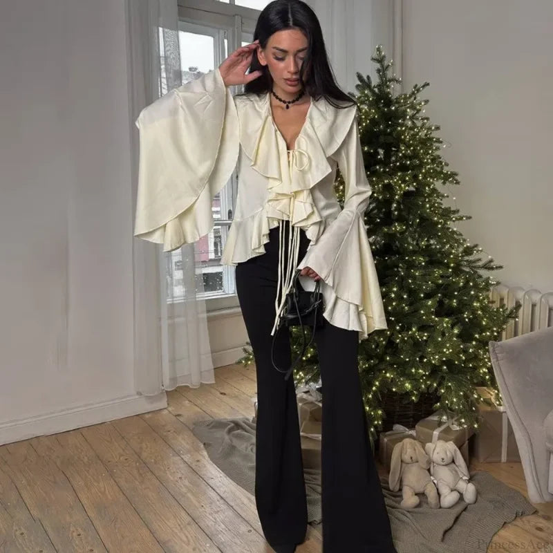 Ruffled Lace-Up V-neck Casual Long Sleeve Blouse blouse-250126