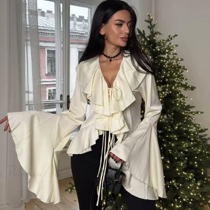 Ruffled Lace-Up V-neck Casual Long Sleeve Blouse blouse-250126