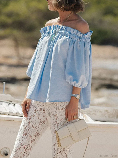 Ruffled Off-Shoulder Solid Fashion Blouse blue / S blouse-250126