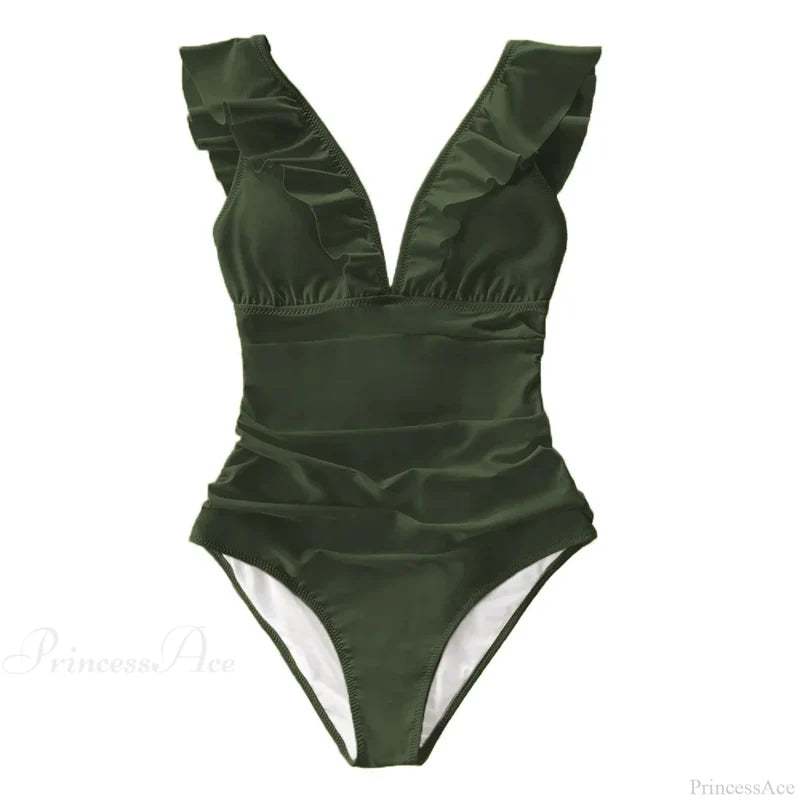 Ruffled V-neck Lace Up Monokini One Piece Set color1 / XS