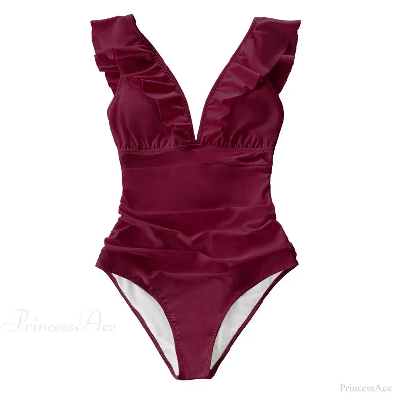 Ruffled V-neck Lace Up Monokini One Piece Set color2 / XS