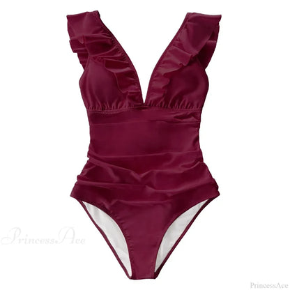 Ruffled V-neck Lace Up Monokini One Piece Set color2 / XS