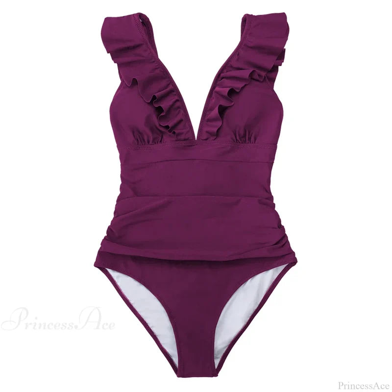 Ruffled V-neck Lace Up Monokini One Piece Set color7 / XS