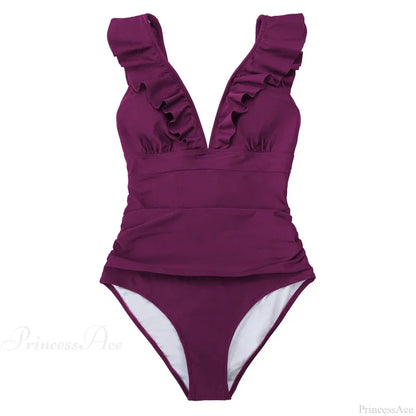 Ruffled V-neck Lace Up Monokini One Piece Set color7 / XS