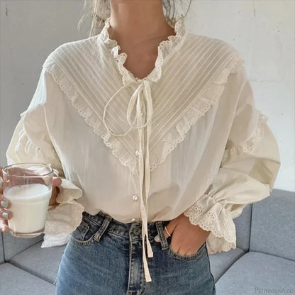 Ruffled Vintage Solid Long Sleeve Bow Blouse blouse-250126