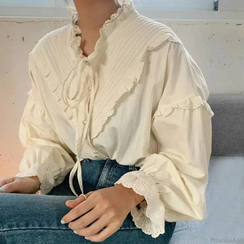 Ruffled Vintage Solid Long Sleeve Bow Blouse blouse-250126