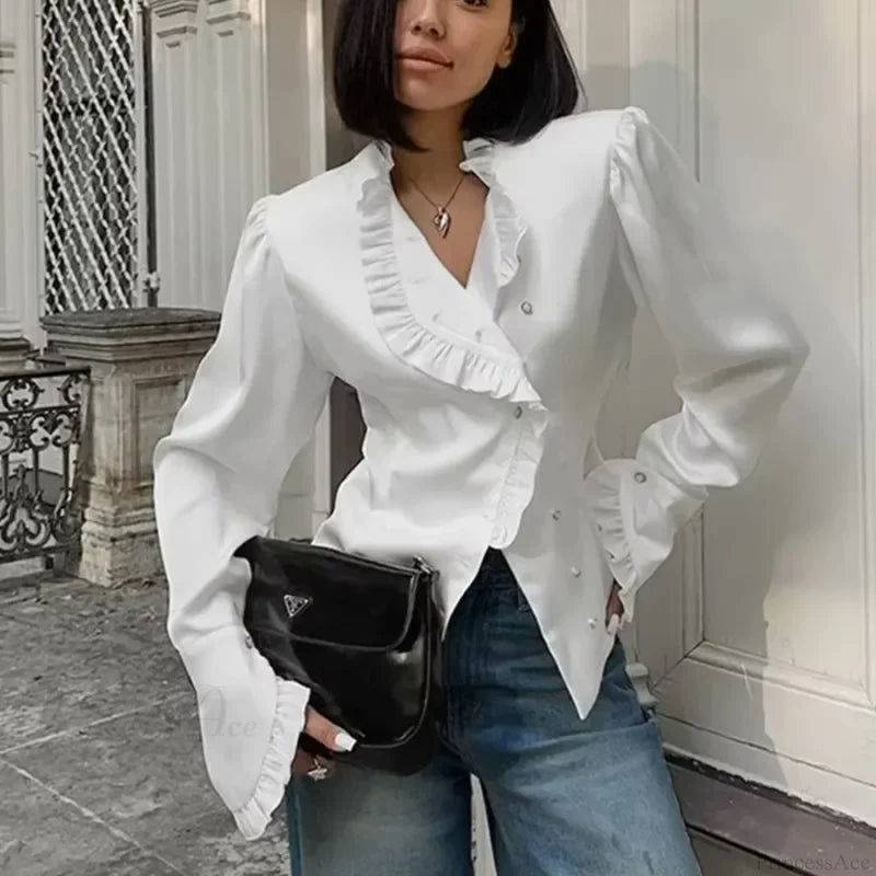 Ruffled White Long Sleeve Blouse blouse-250223