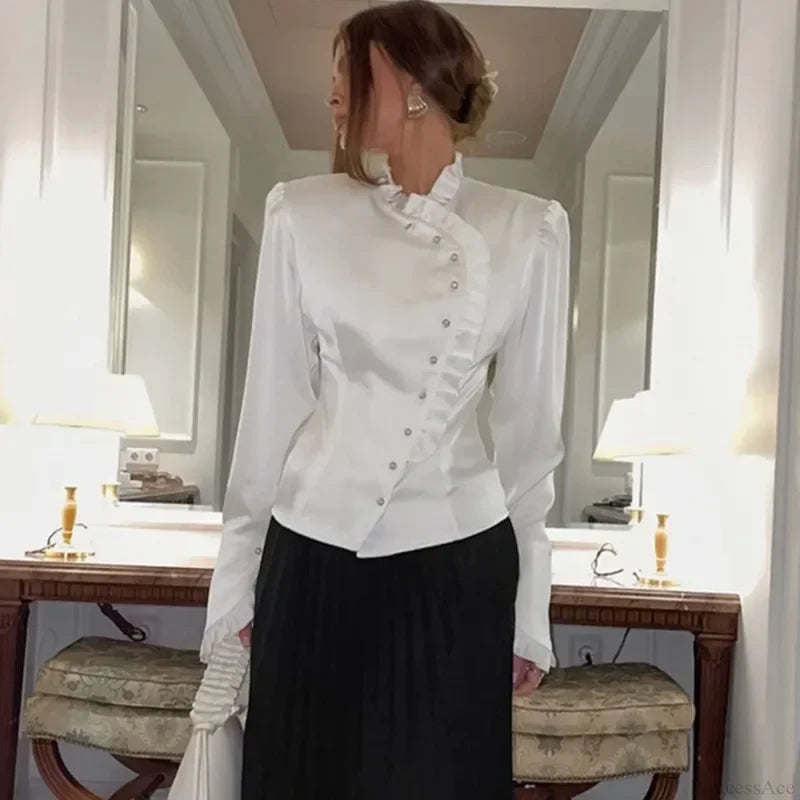 Ruffled White Long Sleeve Blouse blouse-250223
