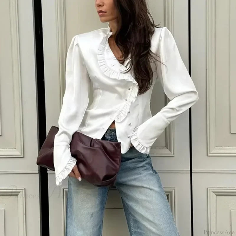 Ruffled White Long Sleeve Blouse blouse-250223