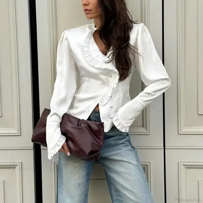 Ruffled White Long Sleeve Blouse blouse-250223
