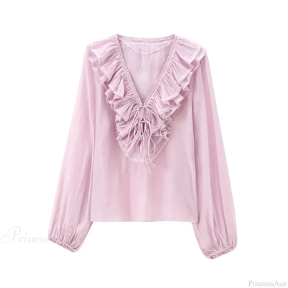 Ruffles Deep V-Neck Lace-Up Loose Oversize Boho Blouse Pink / XS bohoblouse-250126