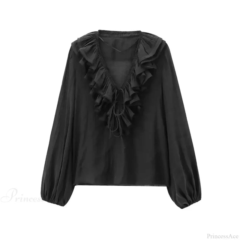 Ruffles Deep V-Neck Lace-Up Loose Oversize Boho Blouse Black / XS bohoblouse-250126