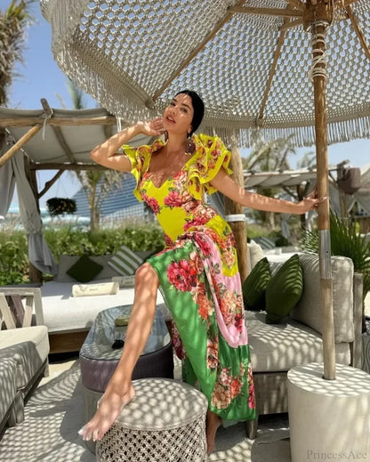 Ruffles Flower Print Skirt Two Piece Set color Swimsuit and Skirt / S