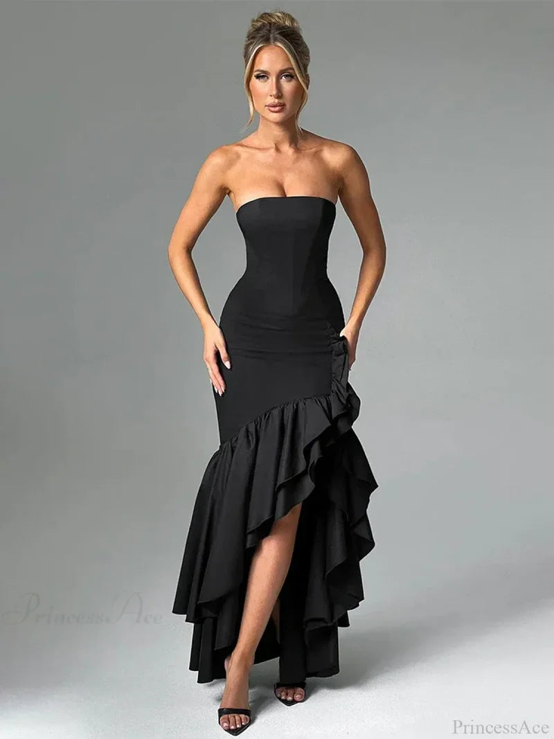Ruffles High Split Maxi Vacation Dress Black / S vacationdress-250223