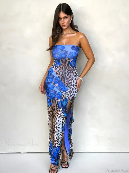 Ruffles Leopard Slim Bodycon Vacation Dress Blue / S vacationdress-250223