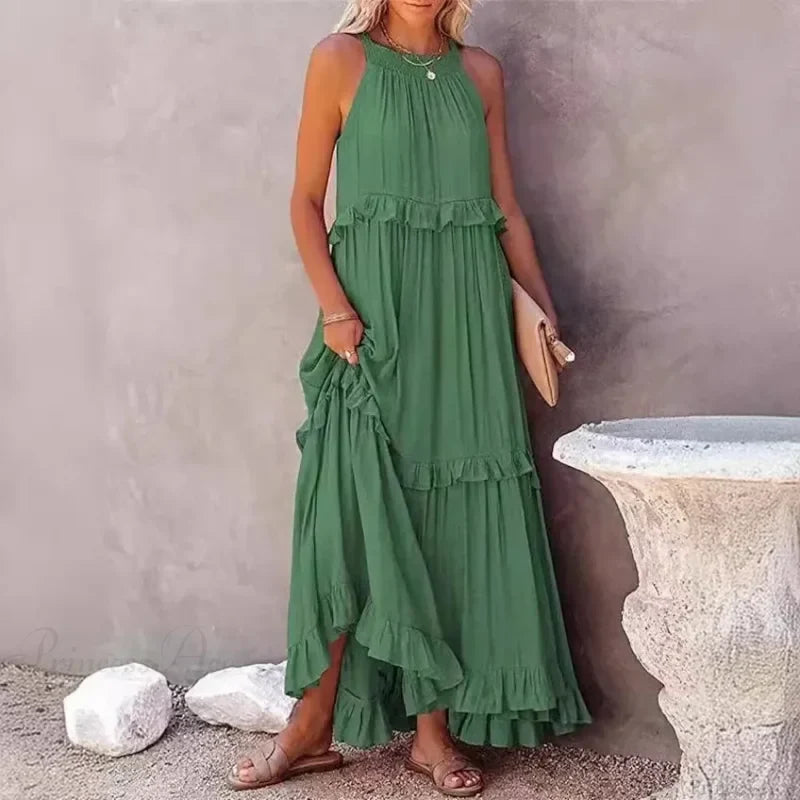 Ruffles Sexy Split Halter Sleeveless Big Hem Maxi Boho Dress bohodress-250126