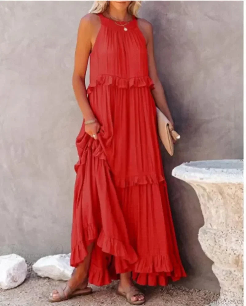 Ruffles Sexy Split Halter Sleeveless Big Hem Maxi Boho Dress bohodress-250126