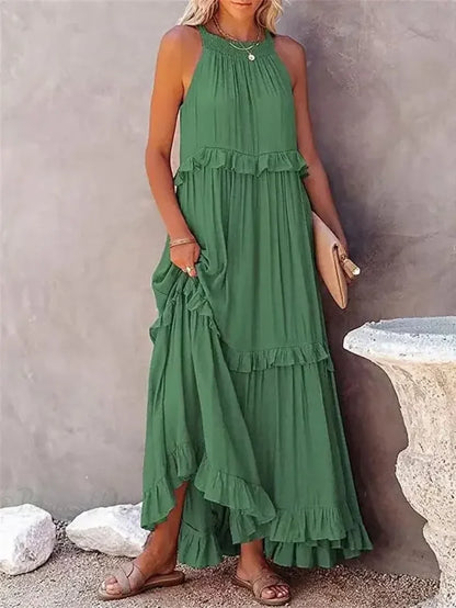 Ruffles Sexy Split Halter Sleeveless Big Hem Maxi Boho Dress Green / S bohodress-250126