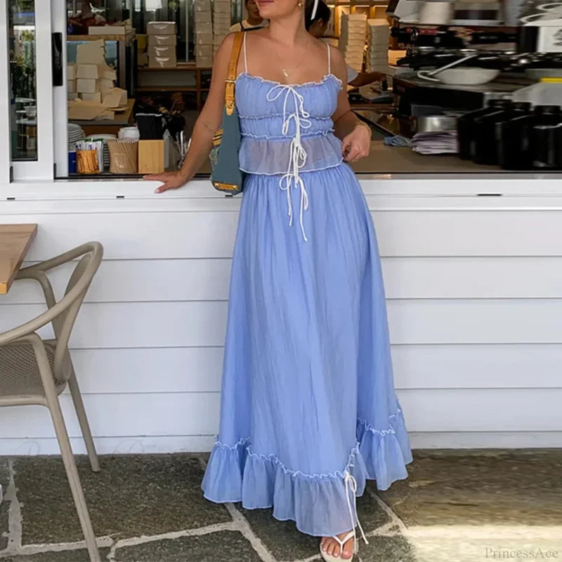 Ruffles Tie-Up Crop Top A-line Maxi Skirt Two Pieces Set twopiecesset-250126