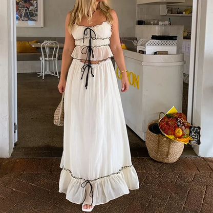 Ruffles Tie-Up Crop Top A-line Maxi Skirt Two Pieces Set WHITE / S twopiecesset-250126