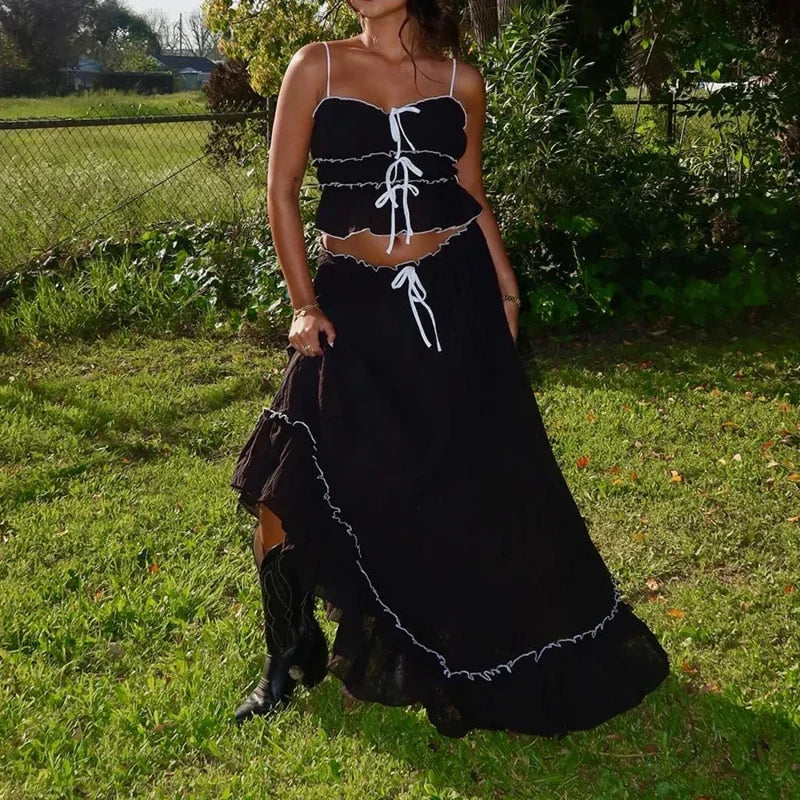Ruffles Tie-Up Front Camis Crop Top Maxi Skirt Two Pieces Set twopiecesset-250126
