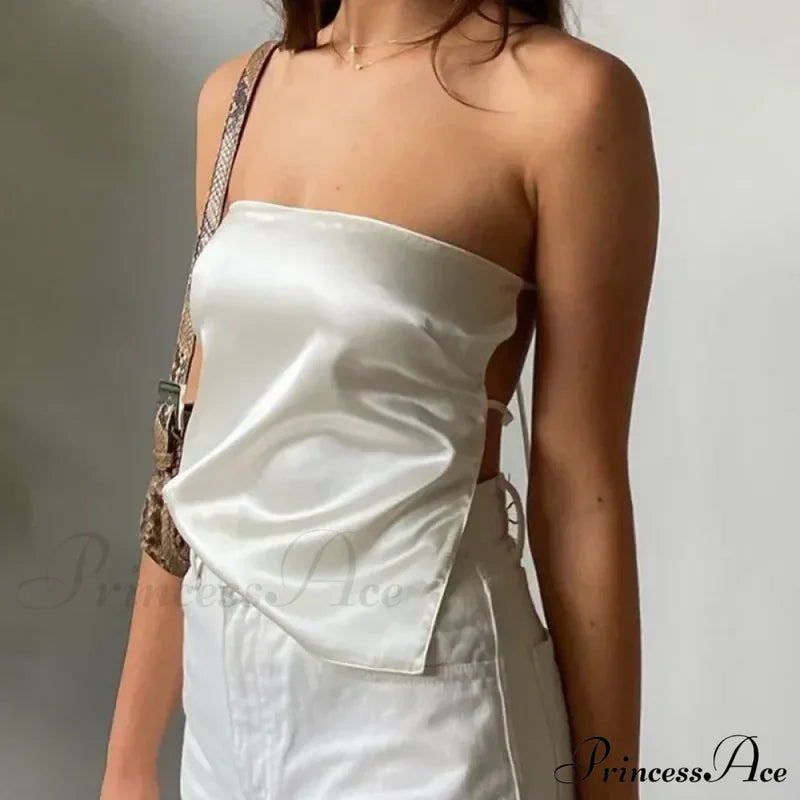 2024 Satin Backless Crop Women Green Summer Cami Bandage Sleeveless Strapless Off Shoulder Tank Top