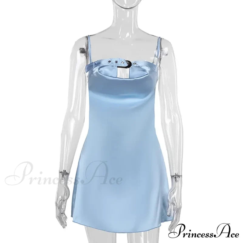 Satin Belted Hollow Cowl Graceful Neck Slip Mini Dress For Women