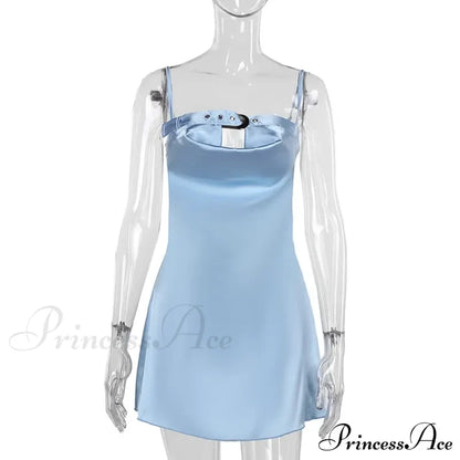 Satin Belted Hollow Cowl Graceful Neck Slip Mini Dress For Women
