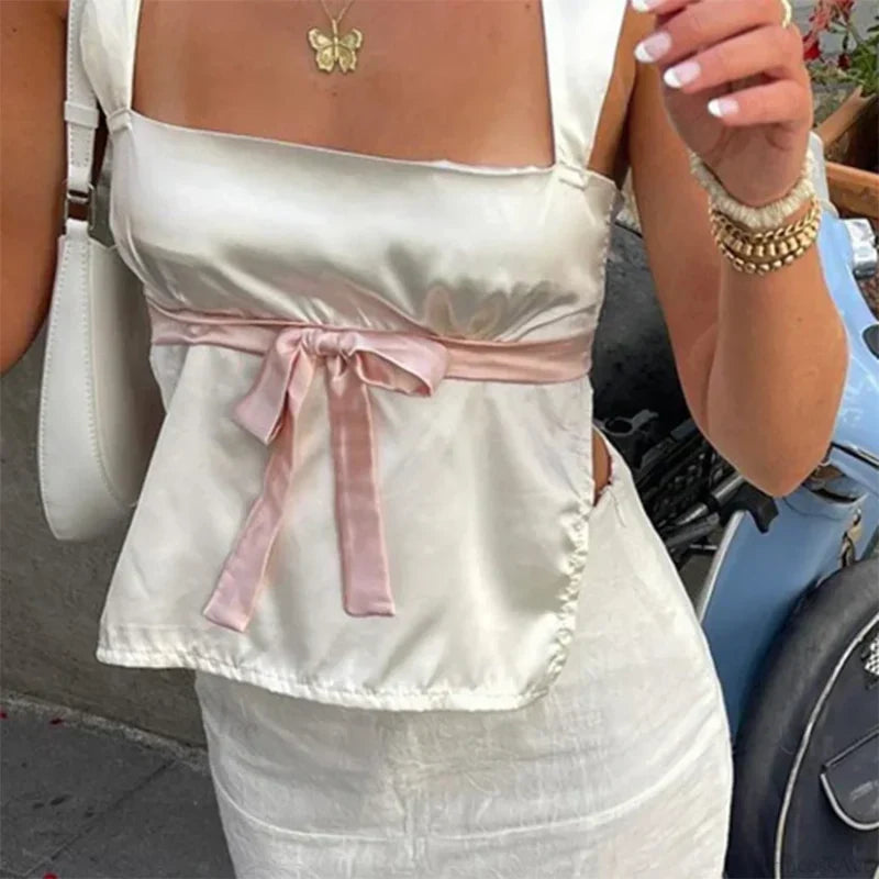 Satin Bow Tie Milkmaid Backless Crop Top pink / S croptop-250126