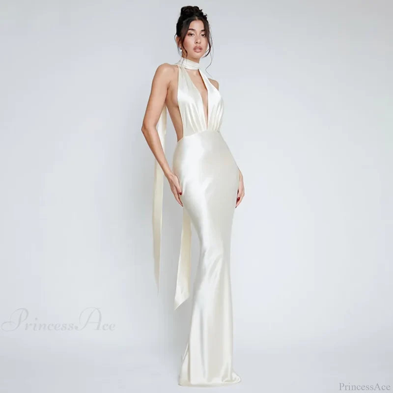 Satin Deep V Neck Vacation Dress vacationdress-250223