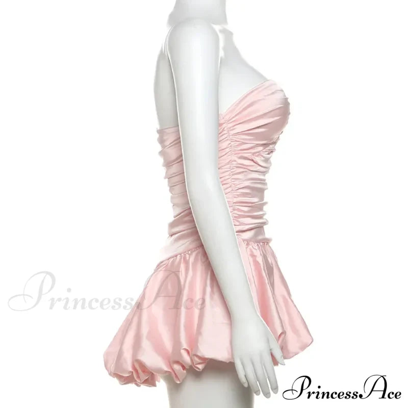 Satin Ruched Stylish Puff Mini Dress Solid
