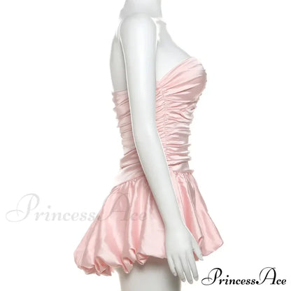 Satin Ruched Stylish Puff Mini Dress Solid
