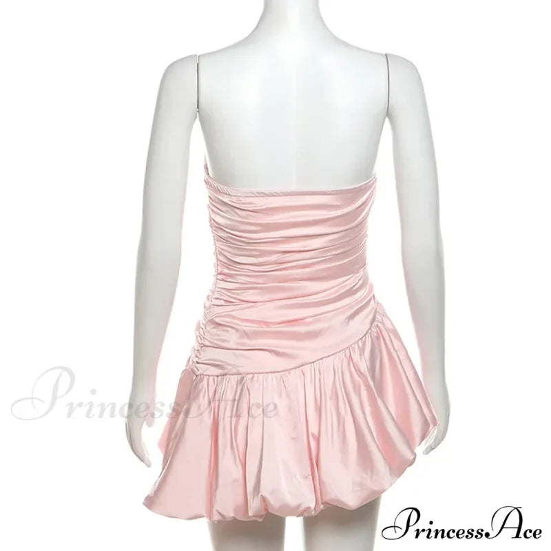 Satin Ruched Stylish Puff Mini Dress Solid