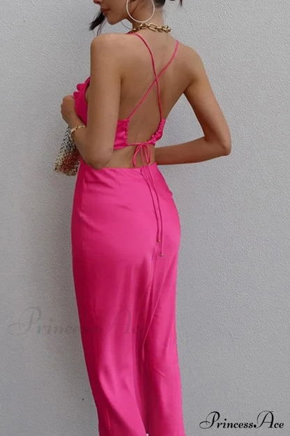 Satin Tie-Back Criss-Cross Cami Dress With Rose Pattern / L Midi Dresses