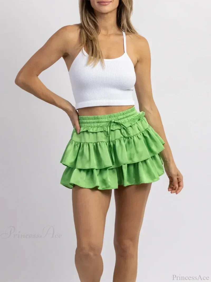 Satin Tiered Flared Pleated Skirt Green / S skirts-250223