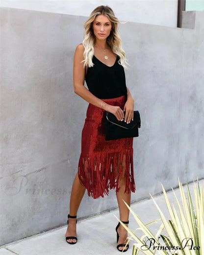 2024 Sequin Tassel Tight Midi Skirt Red / S Skirts
