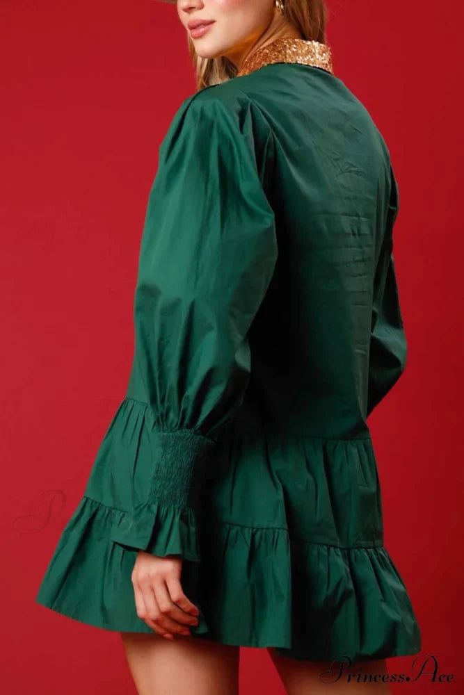 Sequin Tiered Mini Dress With Lapel Button Up Green / M Dresses