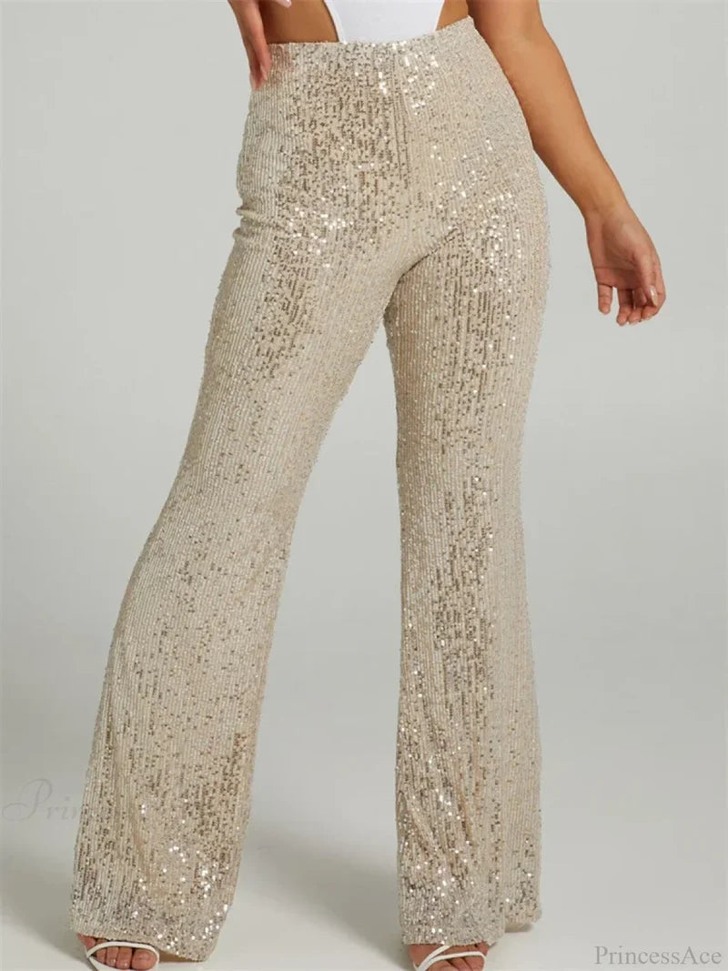 Sequined High Waist Slim Fit Flare Club Pant Beige / S pant-250223