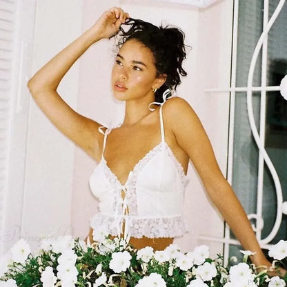 Sexy Deep V-neck Lace Ribbed White Crop Top croptop-250126