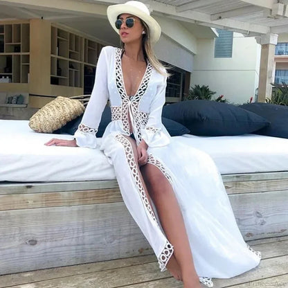 Sexy Deep V-neck White Lace Boho Kimono Bikini Cover up bohocoverup-250126