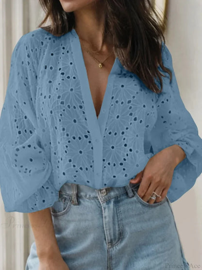 Sexy Flared Long Sleeve Tunic V-neck Blouse Blue / S blouse-250126