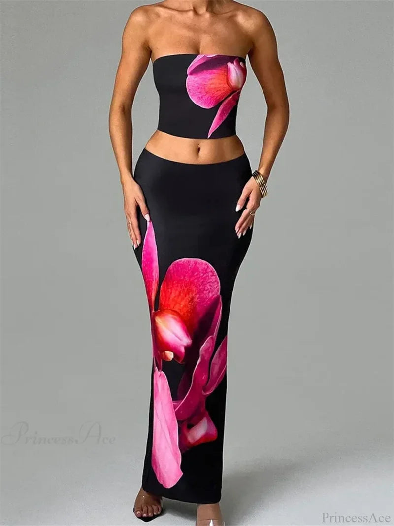 Sexy Floral Print Tube Top Elastic Waist Bodycon Skirt Set BLACK / S skirt-250126